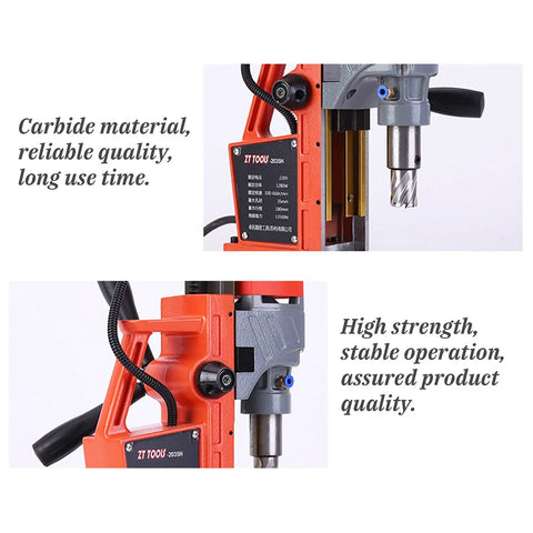 Powerful 1280W Portable Magnetic Drill Press With Super Strong Electromagnet For Heavy Duty Metal Drilling Tasks Up To 1 Point 38 Inch Core Diameter And 660 RPM Speed For Industrial Job Sites close-up of carbide drill with specifications
