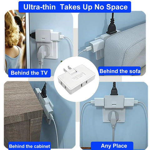 Three Way Flat Wall Outlet Extender With 180 Degree Swivel 2 Prong Type A White Ultra Thin Folding Electrical Outlet Splitter behind TV