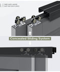 Bypass Double Sliding Pocket Door Hardware Kit For 4 Ft By 48 Inch Track, Commercial Grade Aluminum, Beastly Quiet Ball Bearing Rollers, Easy Install, Concealed Track, Black Finish For Modern Homes And Offices showing rollers and concealed system