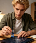 Person applying Phone Scratch Remover and Glass Repair Liquid for Quick Screen Restore and Daily Care on a tablet screen.