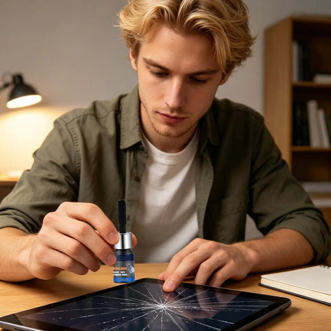Person applying Phone Scratch Remover and Glass Repair Liquid for Quick Screen Restore and Daily Care on a tablet screen.