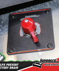 Longacre battery disconnect switch with panel, red lever on black mounting plate, front view