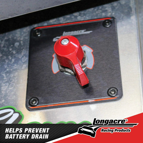 Longacre battery disconnect switch with panel, red lever on black mounting plate, front view