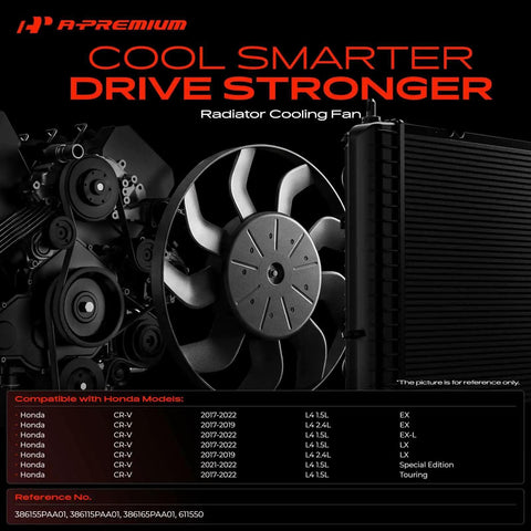 Straight Up Swap Radiator Cooling Fan For Honda CRV 2017 To 2022 Plug And Play Right Side Assembly with seven blades.