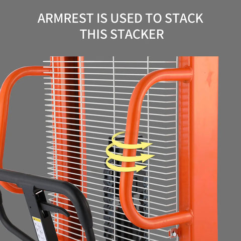 Close-up of armrest on Manual Pallet Stacker With Straddle Legs And Adjustable Forks, 63 Inch Lift Height, 2200 Lb Capacity