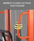 Rock Solid Manual Pallet Stacker And Heavy Duty Hand Forklift showing armrest for stacking functionality.