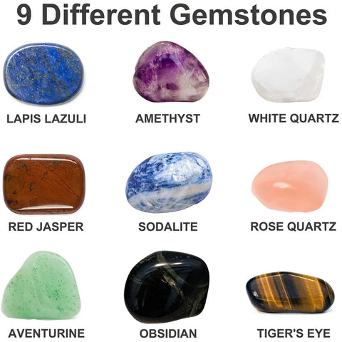 Pro Grade Rock Tumbler Kit gemstones including lapis lazuli, amethyst, white quartz, red jasper, sodalite, rose quartz, aventurine, obsidian, tiger's eye