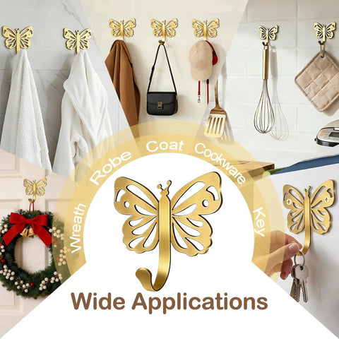 Butterfly Design Heavy Duty Wall Hooks Set For Towel Robe Coat And Keys Gold Brushed Finish 20 Lb Capacity 4 Pack Decorative Wall Hangers For Bathroom Kitchen Bedroom Hotel Use Door Hanger