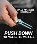 Close-up of Six In One Premium Golf Divot Tool with Magnetic Ball Marker, being used to repair a golf green.