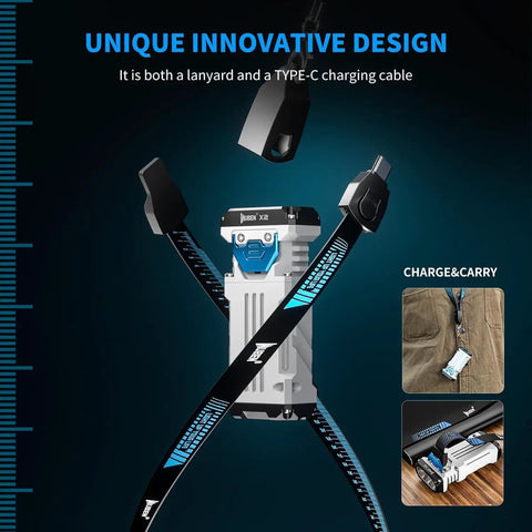 Rechargeable 1800 Lumen EDC Flashlight shown with lanyard that doubles as a Type-C cable for camping, outdoor, and emergency use.