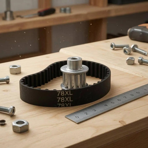 Timing Belt Kit With 5mm Pulley And 78XL Belt, Rubber Timing Pulley Synchronous Wheel, Rounded Cog Drive on wooden table