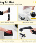 Smooth Glide Steam Cleaner With Safety Trigger And 61 Oz Tank 1800W High Heat Vapor Blaster showing user adding water and installing nozzles.