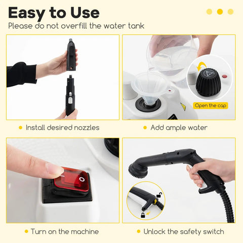 Smooth Glide Steam Cleaner With Safety Trigger And 61 Oz Tank 1800W High Heat Vapor Blaster showing user adding water and installing nozzles.