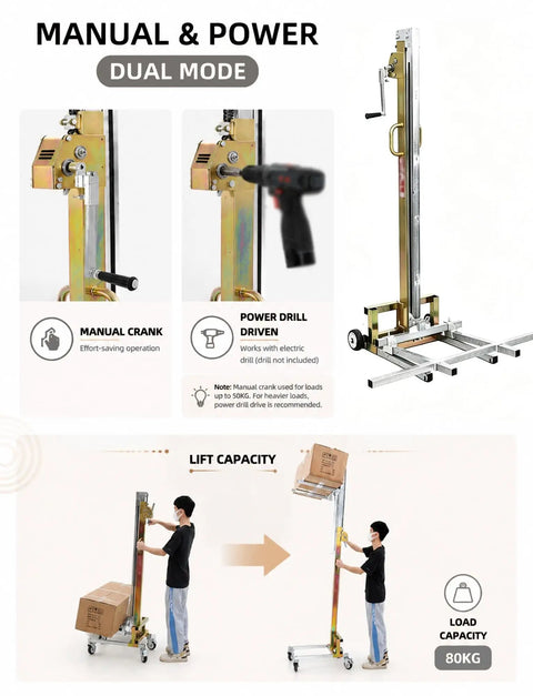Heavy Duty Portable Manual Lifting Stacker With Effortless Winch For Moving 80kg Loads In The Shop Or Job Site No Power Needed Easy One Man Operation dual mode manual crank and power drill options with 80kg capacity.