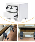 Adjustable Drawer Front Installation Clamps Kit With Rock Solid Bow Construction Dead Simple No Sweat Quick Fit Cabinet Hardware Jig C Clamps For Woodworking Easy Mounting Tool Two Black Pieces fastened on drawer fronts.