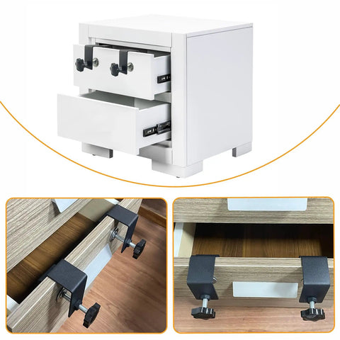 Adjustable Drawer Front Installation Clamps Kit With Rock Solid Bow Construction Dead Simple No Sweat Quick Fit Cabinet Hardware Jig C Clamps For Woodworking Easy Mounting Tool Two Black Pieces fastened on drawer fronts.