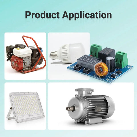 Product application for Two Pack Digital Dc Voltage Protector For 12 To 36 Volt Systems with different devices including a generator and LED lamp.