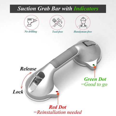 16.5 Inch Suction Bath Grab Bar With Indicators For Balance Help Shower Handle On Flat Non Porous Tiles Silver Grey Secure Grip