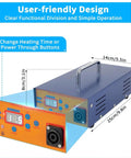 Induction Heat Auto Body Dent Repair Kit With Digital Display And Time Controls, orange control panel, blue housing, measurements shown