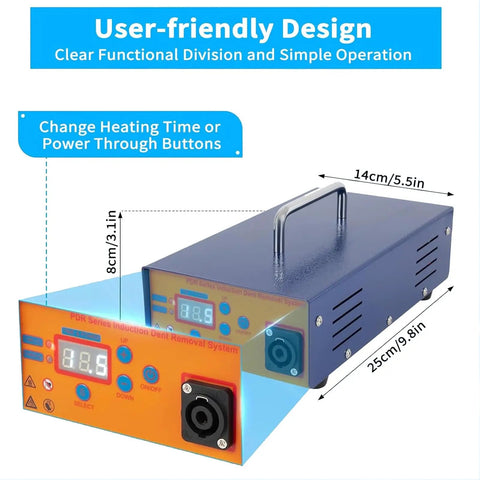 Induction Heat Auto Body Dent Repair Kit With Digital Display And Time Controls, orange control panel, blue housing, measurements shown