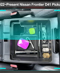 Center Console Organizer Tray For 2022 Through 2026 Frontier Pickup Truck Must-Have USB Pass-Through Extra Storage Armrest Box Fits S SV Midnight Edition Pro-X Pro-4X Premium Interior Accessory For A Tidy Ride installed with items