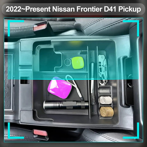Center Console Organizer Tray For 2022 Through 2026 Frontier Pickup Truck Must-Have USB Pass-Through Extra Storage Armrest Box Fits S SV Midnight Edition Pro-X Pro-4X Premium Interior Accessory For A Tidy Ride installed with items