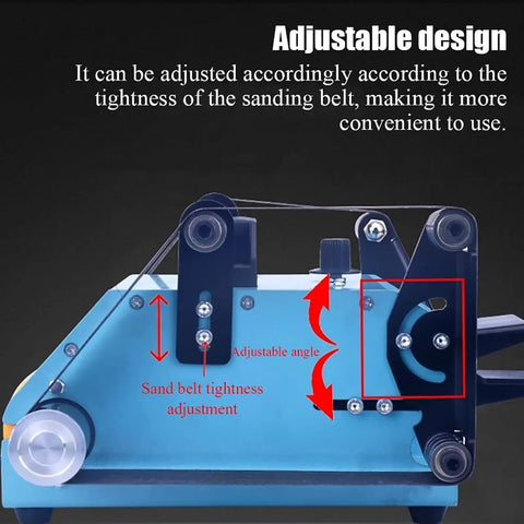 UILMLIO Mini Belt Sander, Benchtop Belt Polisher w Adjustable Table showing sand belt tightness adjustment feature.
