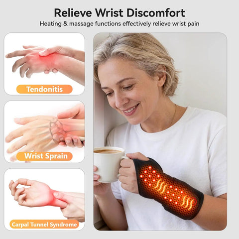 Woman using Cordless Wrist Hand Heating Pad Massage For Carpal Tunnel Relief With 3000mAh Battery And Vibration, showing heat wrap.