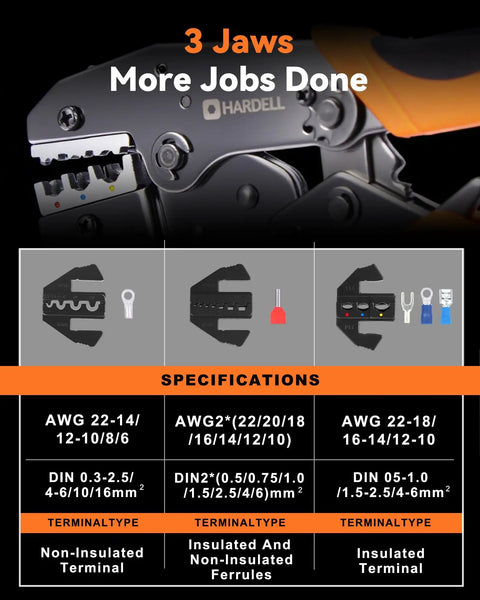 Heavy Duty Wire Crimping Tool For Heat Shrink AWG22 To 10 With 90 Piece Electrical Connectors Kit displayed with terminal specifications.