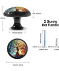 Four Pack Colorful Tree of Life Cabinet Knob Set for Kitchen and Bathroom, stained glass design, dimensions with screws shown