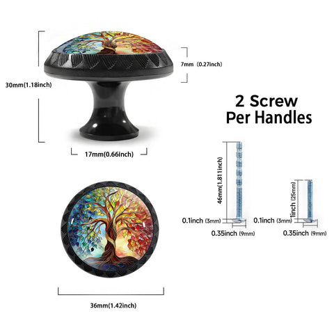 Four Pack Colorful Tree of Life Cabinet Knob Set for Kitchen and Bathroom, stained glass design, dimensions with screws shown