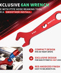 Pro Grade 4 In 1 PTFE Hose Tool For Fuel Lines Reaming And Separating Straightens Ends And Guides Ferrule On Braided Fuel Hose 4AN 6AN 8AN 10AN With 6AN Fitting Wrench For Leak Free Install shown with exclusive 6AN wrench in red anodized finish.