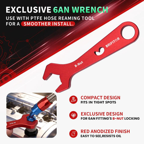 Pro Grade 4 In 1 PTFE Hose Tool For Fuel Lines Reaming And Separating Straightens Ends And Guides Ferrule On Braided Fuel Hose 4AN 6AN 8AN 10AN With 6AN Fitting Wrench For Leak Free Install shown with exclusive 6AN wrench in red anodized finish.