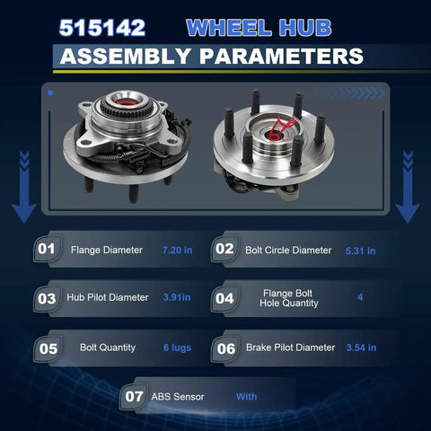 Ford Front Wheel Hub Bearing Assembly 515142 with dimensions and specifications for 2011 to 2014 F150, Expedition, and Lincoln Navigator.