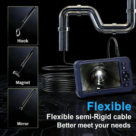 Endoscope Camera With Light 1920P HD Three Lens Borescope showing flexible semi-rigid cable and attachments