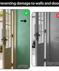 Image showing a door with and without the Two Pack Matte Black Long Door Stoppers With Rubber Padded Tip, Wall Mountable Stainless Steel, Brushed Finish, Quiet Door Stops That Stop Wall Dings and Noise, Keeping Walls Safe in Living Rooms, Hallways, and Offices installed, highlighting prevention of wall damage.