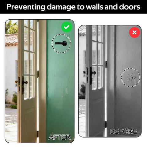 Image showing a door with and without the Two Pack Matte Black Long Door Stoppers With Rubber Padded Tip, Wall Mountable Stainless Steel, Brushed Finish, Quiet Door Stops That Stop Wall Dings and Noise, Keeping Walls Safe in Living Rooms, Hallways, and Offices installed, highlighting prevention of wall damage.