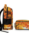 Side and front view of Fall Drifting Maple Leaf Print Backpack For Unisex Use Large Capacity Daypack Made From Durable Polyester