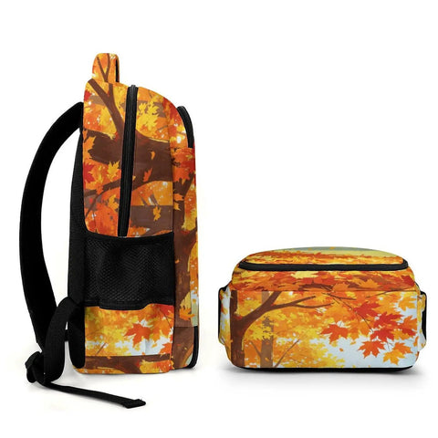 Side and front view of Fall Drifting Maple Leaf Print Backpack For Unisex Use Large Capacity Daypack Made From Durable Polyester