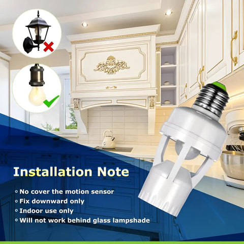 Smart Motion Sensor Light Socket Screw In Bulb Adapter For E26 E27 Outlets Auto On Off When Motion Detected No Fuss Install Perfect For Garage Storage Rooms Hallways Basements 4 Pack installed in kitchen, downward-facing sensor