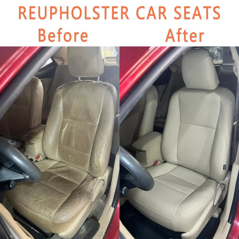 Before and after comparison of reupholstered car seats showing transformation from worn, cracked leather to new, smooth upholstery.