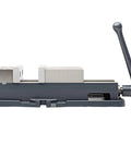 Heavy Duty 6 Inch Milling Machine Vise Crafted From Tough Ductile Iron With Hardened Steel Smooth Jaws side view showing clamping mechanism.
