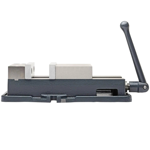 Heavy Duty 6 Inch Milling Machine Vise Crafted From Tough Ductile Iron With Hardened Steel Smooth Jaws side view showing clamping mechanism.