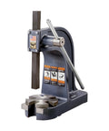 Heavy Duty Single Lever Arbor Press Featuring 3 Ton Ram Capacity Slotted Base Opening Adjustable Handle and Fine Adjustment Gears visible from the side