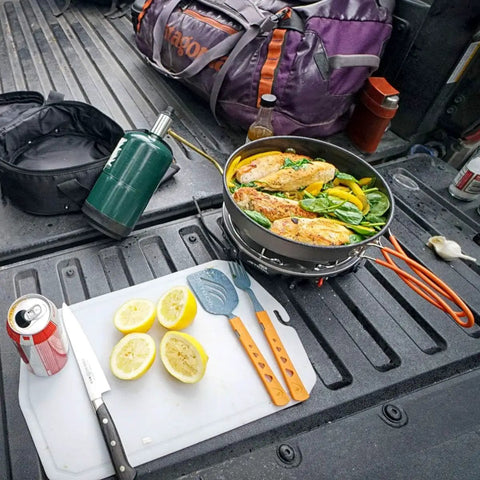 10-Inch Nonstick Fry Pan For Camping And Backpacking Stoves cooking chicken and vegetables outdoors