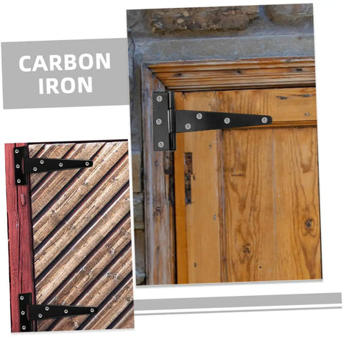 Eight Pack 5 Inch Galvanized Black Tee Hinges For Cabinets And Shed Doors, mounted on a wooden door and shed panel, heavy duty metal.