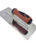 Stainless Steel V Notch Tile Trowel Quarter Inch With Comfort Grip Handle Heavy Duty Rust Proof 11 Inch Length Ideal For Professional Tile Installers And Do It Yourself Pros, showing top view with orange handle.
