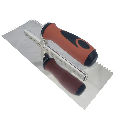Stainless Steel V Notch Tile Trowel Quarter Inch With Comfort Grip Handle Heavy Duty Rust Proof 11 Inch Length Ideal For Professional Tile Installers And Do It Yourself Pros, showing top view with orange handle.