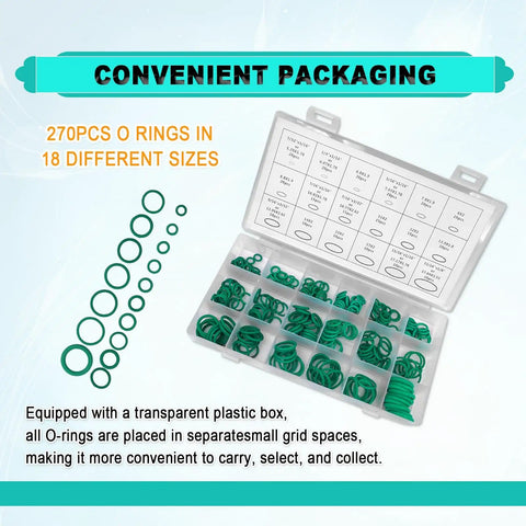 270 Piece O Ring Set For Car Air Conditioning And Plumbing, Sealing Gaskets And Rubber Washers Kit in open transparent box