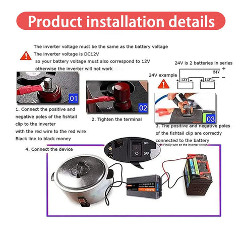 Installation guide for Road Ready 4000W Pure Sine Wave Power Inverter DC to AC Converter with detailed connection steps.